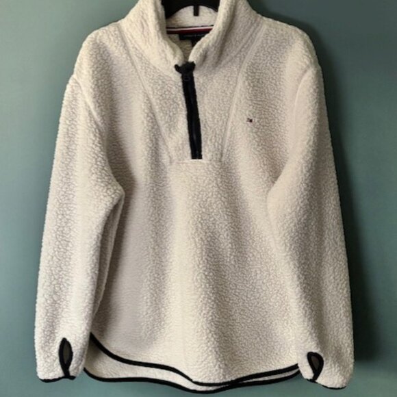 Tommy Hilfiger XL White Sherpa Fleece Pullover Athleisure Warm Preppy Sport Logo - Picture 1 of 10